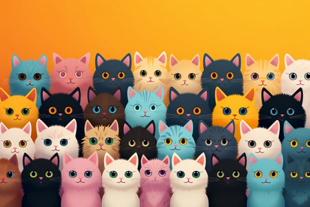 Cute Cats with Colored Pastel Hair, Isolated on an Orange Background. AIの素材
