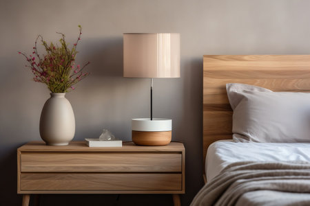 Contemporary Bedroom Featuring Nightstand with Lamp. AIの素材