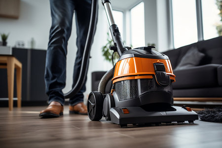 Close-Up of Janitor Using Vacuum Cleaner for Professional Carpet Cleaning Service. AIの素材