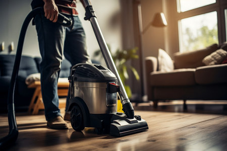 Close-Up of Janitor Using Vacuum Cleaner for Professional Carpet Cleaning Service. AIの素材