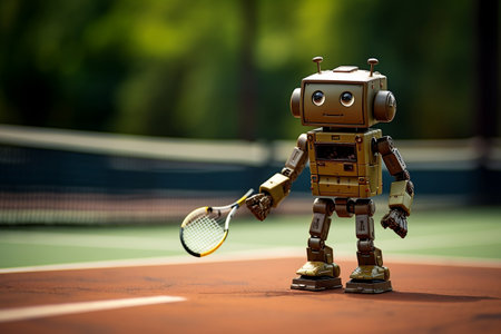 Tiny Robot Engaging in Tennis. AIの素材