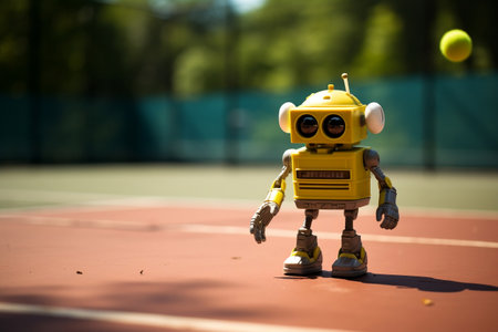 Tiny Robot Engaging in Tennis. AIの素材