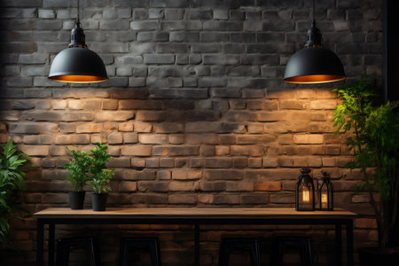 Beautiful Loft Style Interior with Brick Wall, Black Ceiling Lamp, Shop Decor Background. AIの素材