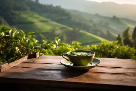 Hot Tea Cup with Smiling Face on Table, Green Tea Plantation Farm, Misty Mountain Background. AIの素材