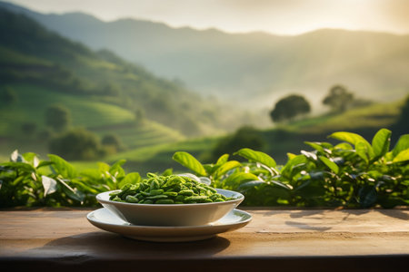 Hot Tea Cup with Smiling Face on Table, Green Tea Plantation Farm, Misty Mountain Background. AIの素材