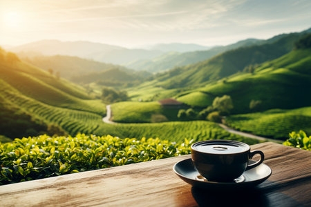 Hot Tea Cup with Smiling Face on Table, Green Tea Plantation Farm, Misty Mountain Background. AIの素材