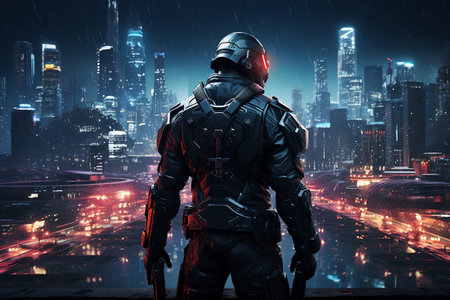 Futuristic Soldier Amidst Cyberpunk Neon City Skyline at Night. AIの素材