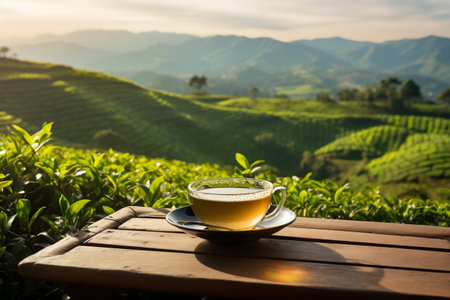Hot Tea Cup with Smiling Face on Table, Green Tea Plantation Farm, Misty Mountain Background. AIの素材