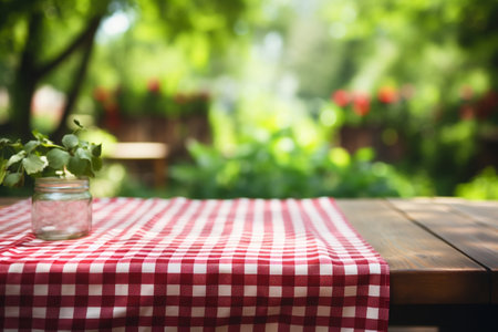 Red Checked Tablecloth on Wooden Background with Green Courtyard Blur. Summer Picnic Concept. AIの素材