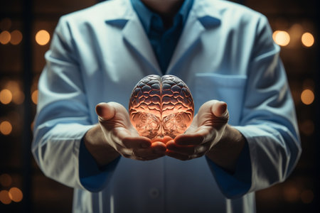 Close-Up of Doctor's Gloved Hands Holding Human Brain. AIの素材