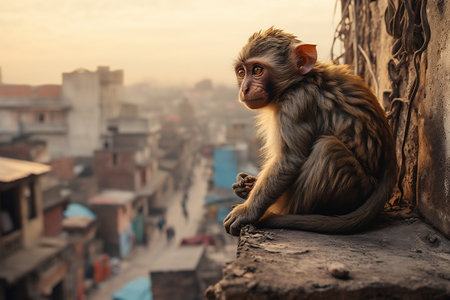 Monkey on Building Ledge with City Streets Below. AIの素材