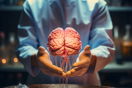 Close-Up of Doctor's Gloved Hands Holding Human Brain. AIの素材
