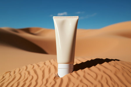 Cosmetic Tube with Face Cream or Body Lotion on Sandy Background. AIの素材