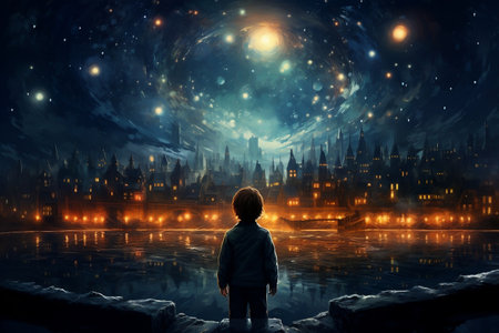 Young Astronomer Gazing at the Starry Night Sky - Rear View. AIの素材