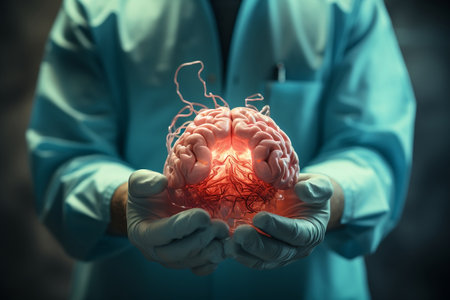 Close-Up of Doctor's Gloved Hands Holding Human Brain. AIの素材