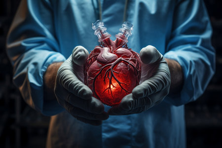 Close-Up of Doctor's Gloved Hands Holding Human Heart. AIの素材