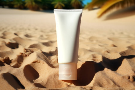 Cosmetic Tube with Face Cream or Body Lotion on Sandy Background. AIの素材