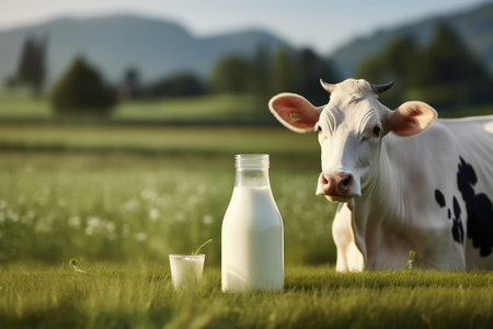 A White Cow Beside Milk Bottle in Lush Green Field with Trees and Milk Jar in Foreground. . AIの素材