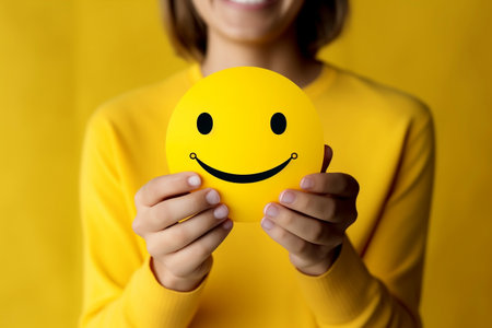 Happy Yellow Smiley Face Held by Women's Hands. AIの素材