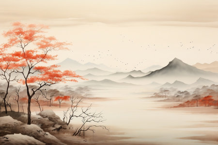 Red Landscape: Traditional Chinese Painting of Hills and Trees on Textured Paper. AIの素材