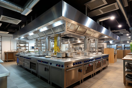 Commercial Kitchen Ventilation and Exhaust System: Hoods Above Cooking Stations and Ceiling Vents. AIの素材