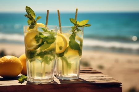 Close-up of Lemonade and Mojito with Hazy Sea Backdrop - A Refreshing Summer Vacation Concept. AIの素材