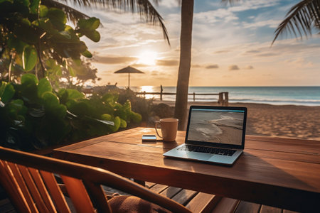 Achieving Work-Life Balance: Man Working on Laptop at Morning Beach (Back View) . AIの素材