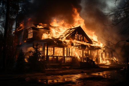 Front View of Fire: Big Flames and Black Smoke Inside the House. AIの素材