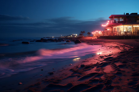 Night Beach with Neon Lights. AIの素材