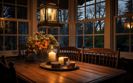 Inviting Dining Room Cozy with Window Light Table Settingの素材