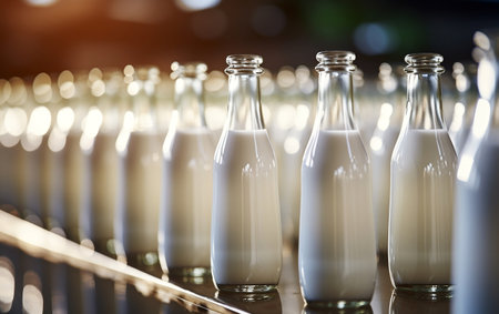 Zoomed Close Fresh Milk in Glass Bottlesの素材
