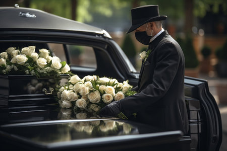 Man in Black Suit and White Gloves Loading Coffin into Funeral Car - Rear View. AIの素材