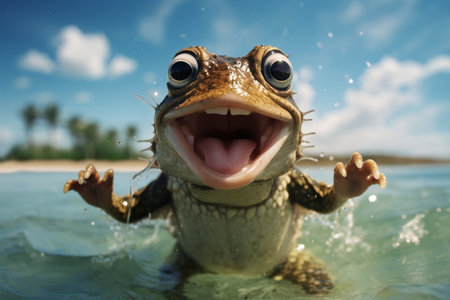 Joyful Frog Leaping into the Ocean. AIの素材