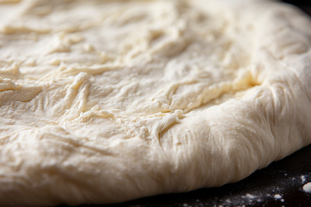 Close-up of pizza dough, showcasing its stretchy and pliable textureの素材