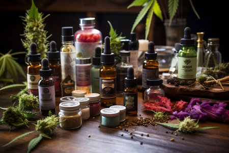 CBD oil on a wooden table surrounded by vape pensの素材