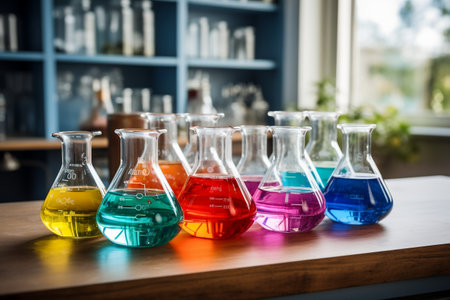 Science lab with beakers, flasks, and test tubes for experiments.の素材