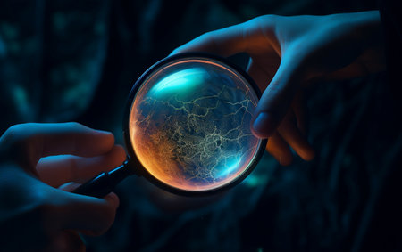 Curious Exploration Hand Holding Glowing Magnifying Glassの素材