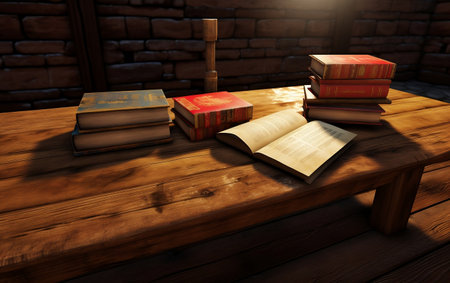 Reading Textbooks on a Rustic Wooden Table. AIの素材