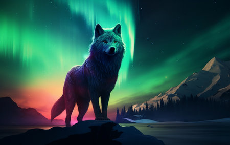 Northern Lights Wolf. AIの素材