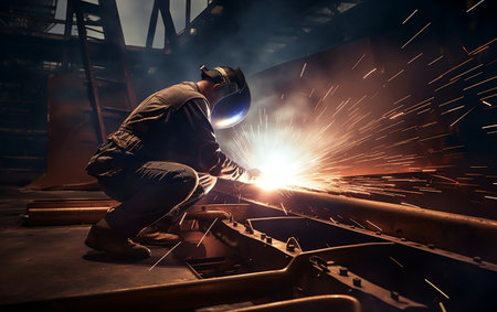 Welder Welding Steel Parts of Vessel Shipbuilding. AIの素材