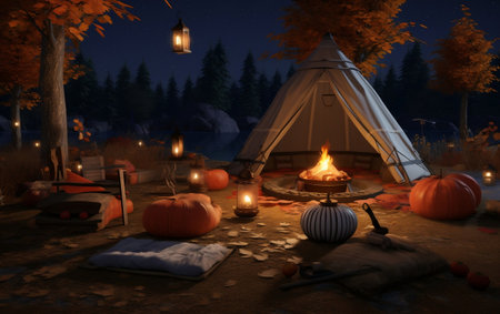 Rustic Campsite with Lantern, Fire Pit, and Cozy Blanket. AIの素材