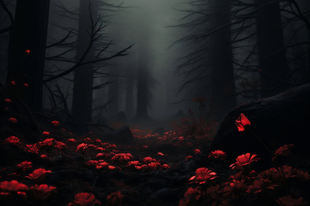 Enchanted Dark Forest with Red Flowers under a Foggy Sky. Halloween Day AI.の素材