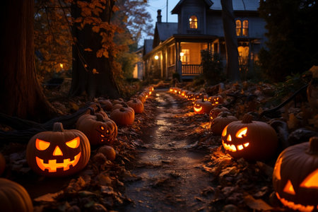 Path to Spooky Old House Lined with Carved Pumpkins Halloween Day AI.の素材