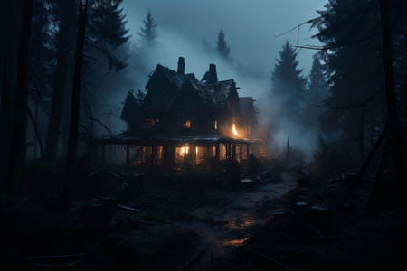 Deserted Haunted House in a Spooky Dark Forest Halloween Day AI.の素材