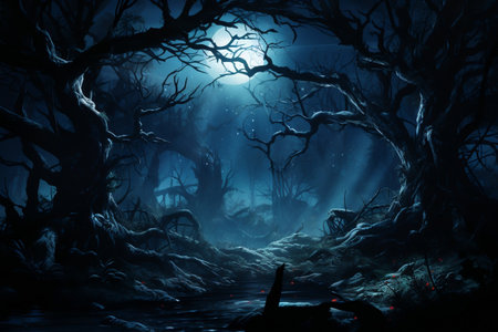 Eerie Nighttime Forest: Spooky Tree Halloween Day AI.の素材