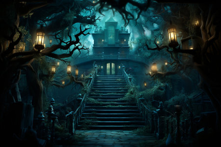 Nighttime Haunted Mansion Halloween Wallpaper Halloween Day AI.の素材