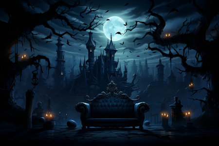 Nighttime Haunted Mansion Halloween Wallpaper Halloween Day AI.の素材