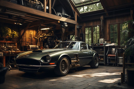 Luxury Car Repaired in Home Garage. AIの素材