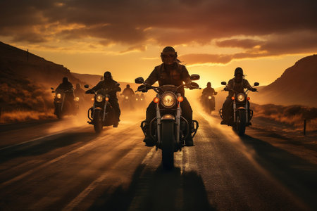 Collective of Motorcyclists Cruising Together During Sunset. AIの素材
