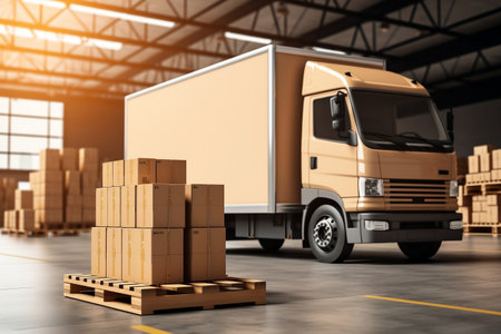 Contemporary truck packed in warehouse bay with boxes. AIの素材